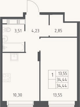 Планировка: 1-к, 34,4 м²