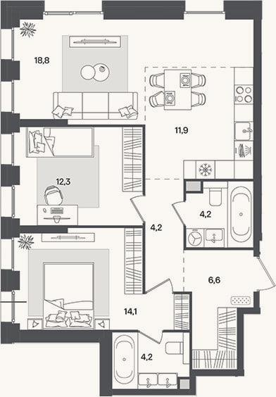 Планировка: 3-к, 76,3 м²