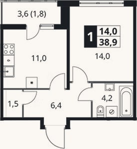 Планировка: 1-к, 37,1 м²