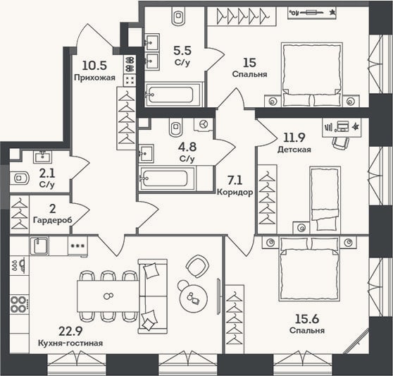 Планировка: 4+ к, 97,4 м²