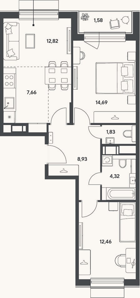 Планировка: 3-к, 62,7 м²