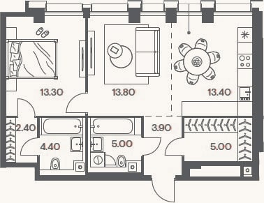 Планировка: 2-к, 61,2 м²