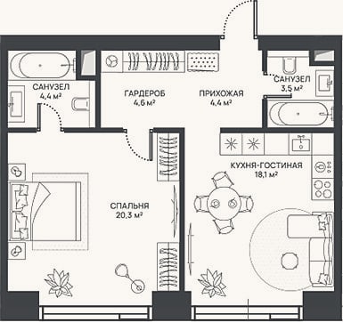 Планировка: 2-к, 55,3 м²