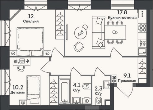Планировка: 3-к, 55,5 м²
