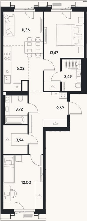Планировка: 3-к, 63,7 м²