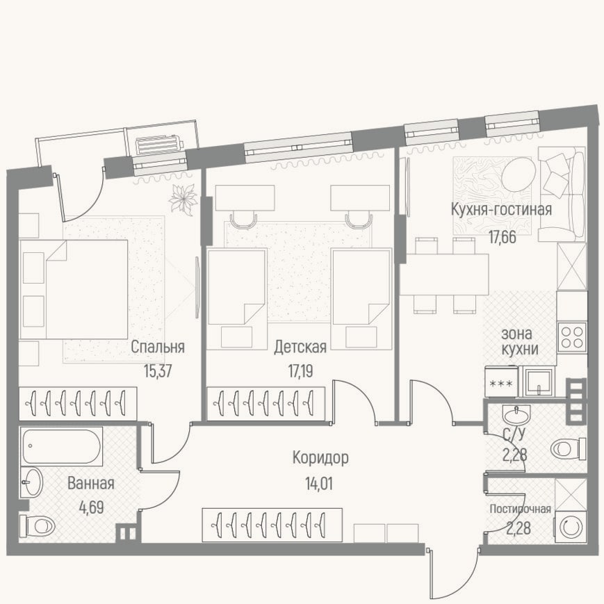 Планировка: 2-к, 73,4 м²