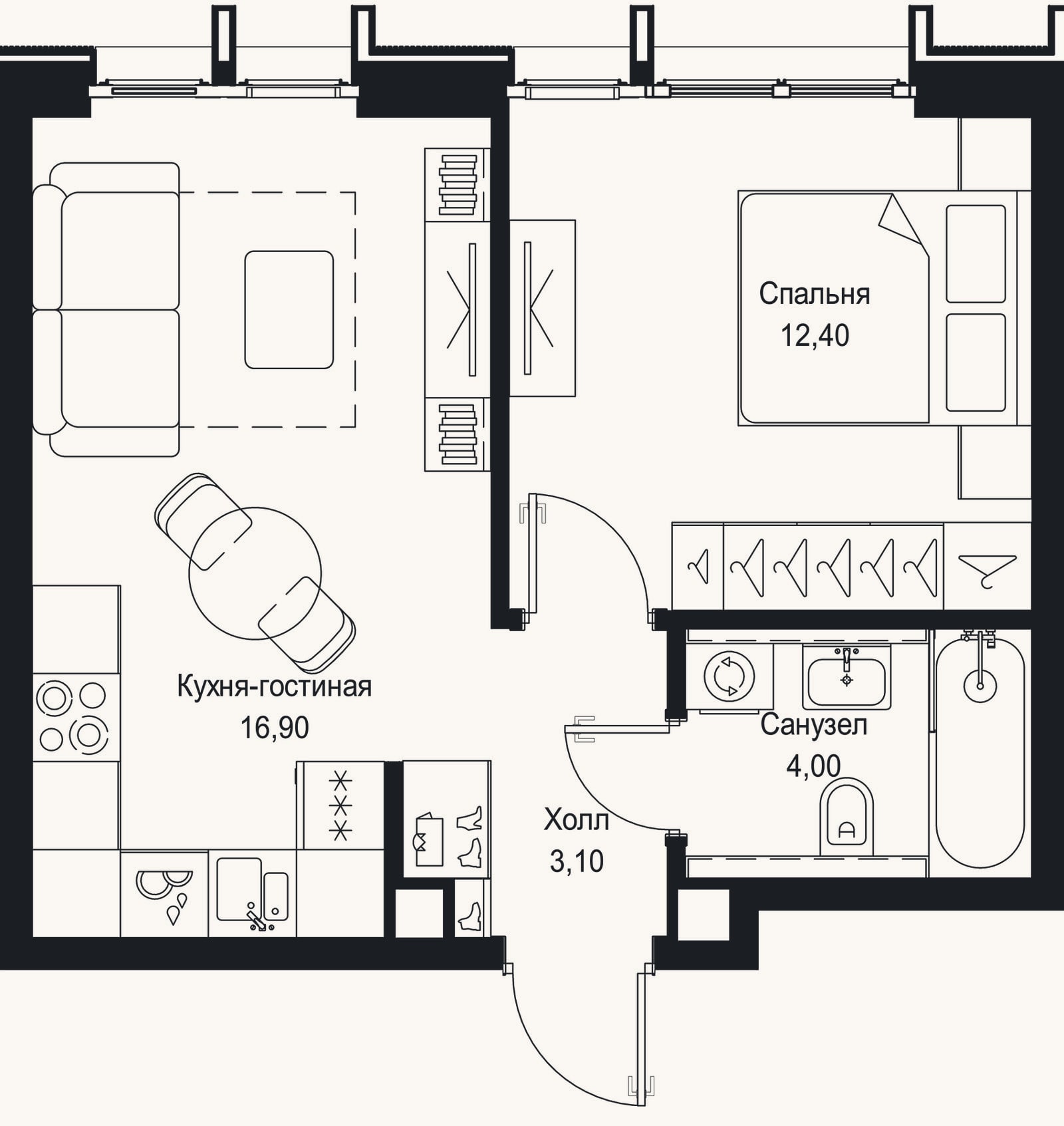 Планировка: 2-к, 36,4 м²
