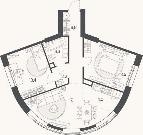 Планировка: 3-к, 63,4 м²