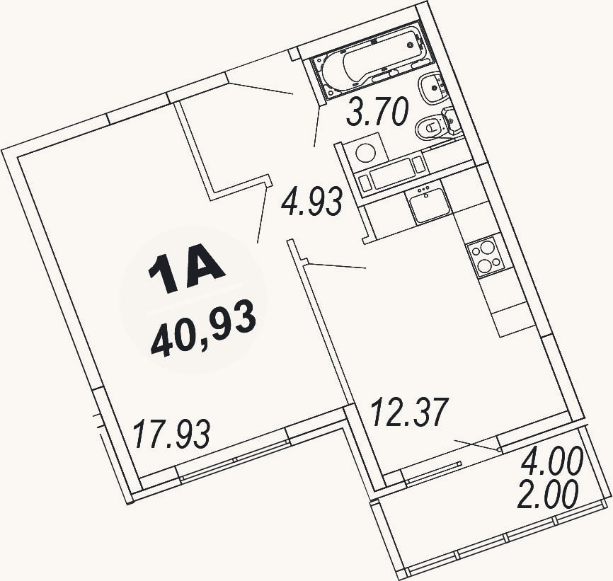Планировка: 1-к, 38,9 м²