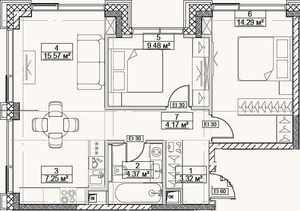 Планировка: 3-к, 58,5 м²