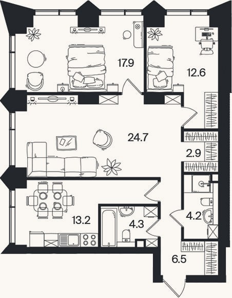 Планировка: 3-к, 86,3 м²
