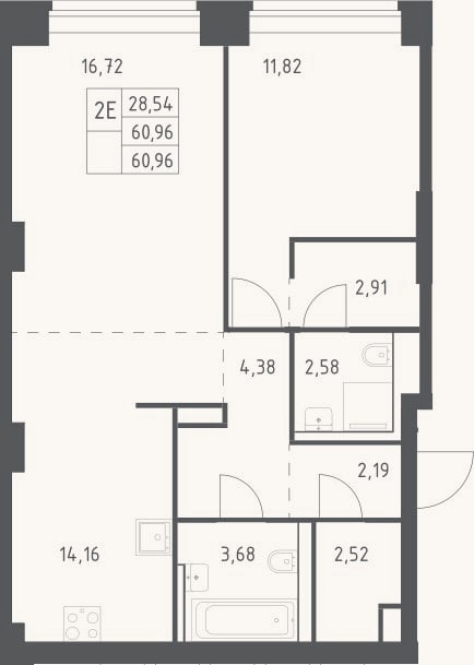 Планировка: 2-к, 61 м²