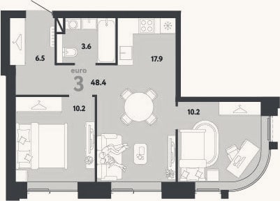 Планировка: 3-к, 48,4 м²