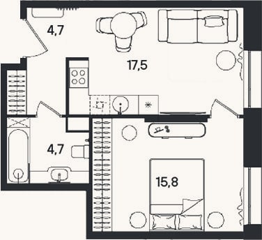 Планировка: 2-к, 42,7 м²