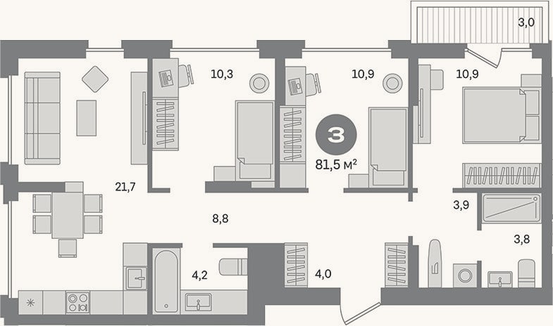 Планировка: 3-к, 78,5 м²