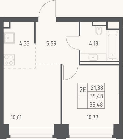 Планировка: 2-к, 35,5 м²