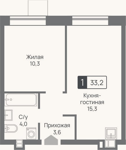 Планировка: 2-к, 33,2 м²