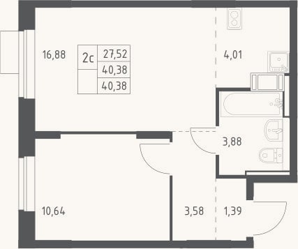Планировка: 2-к, 40,4 м²
