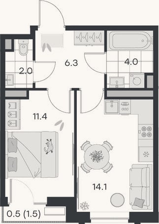 Планировка: 1-к, 37,8 м²