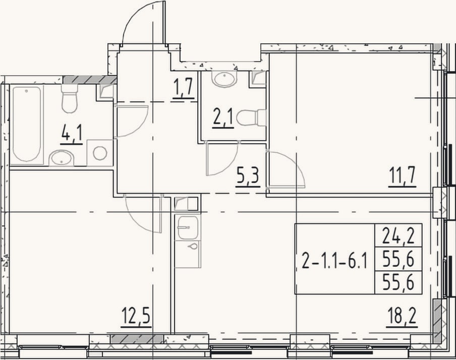 Планировка: 3-к, 55,6 м²