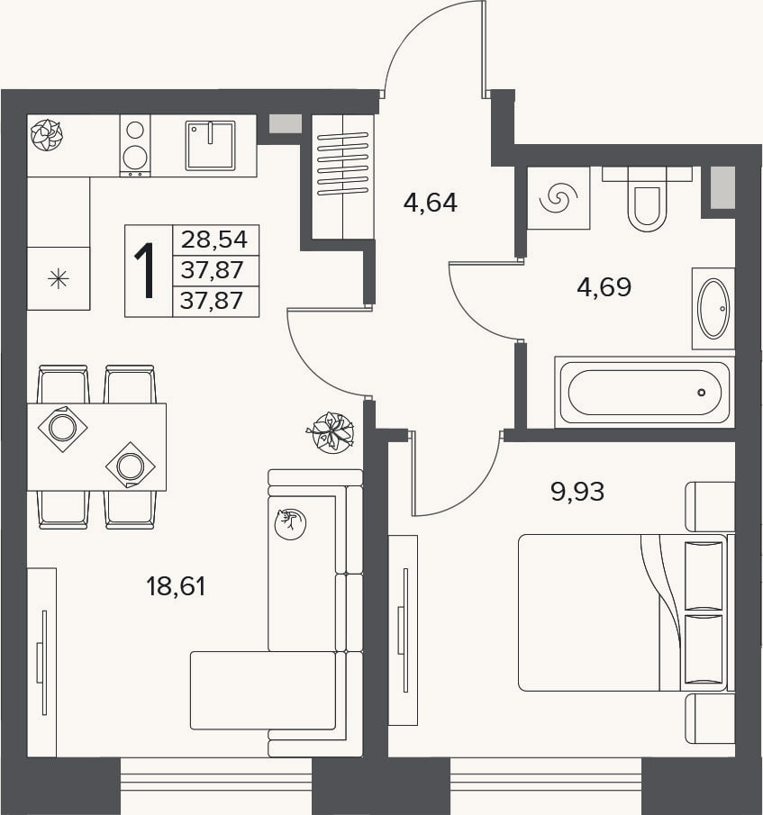 Планировка: 2-к, 37,9 м²