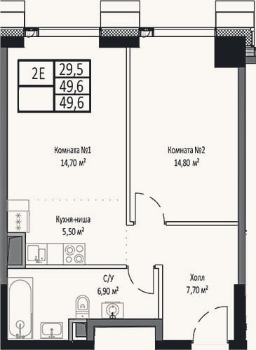 Планировка: 2-к, 49,6 м²