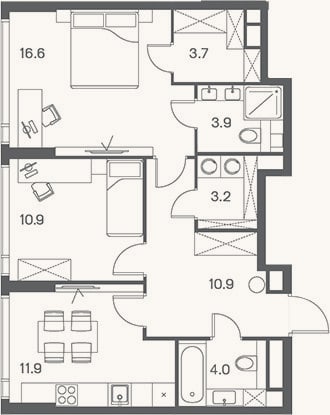Планировка: 2-к, 65,1 м²
