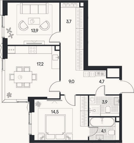 Планировка: 2-к, 71 м²