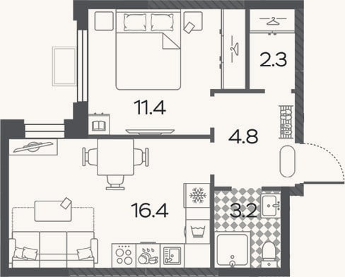 Планировка: 2-к, 38,1 м²