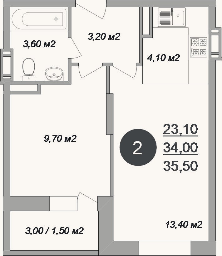 Планировка: 2-к, 34 м²