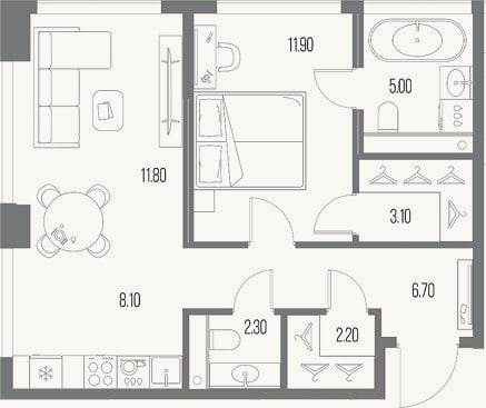 Планировка: 1-к, 51,1 м²