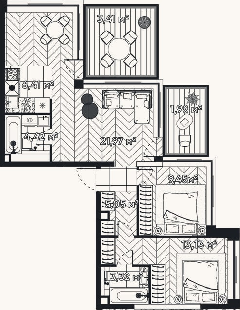 Планировка: 3-к, 63,8 м²