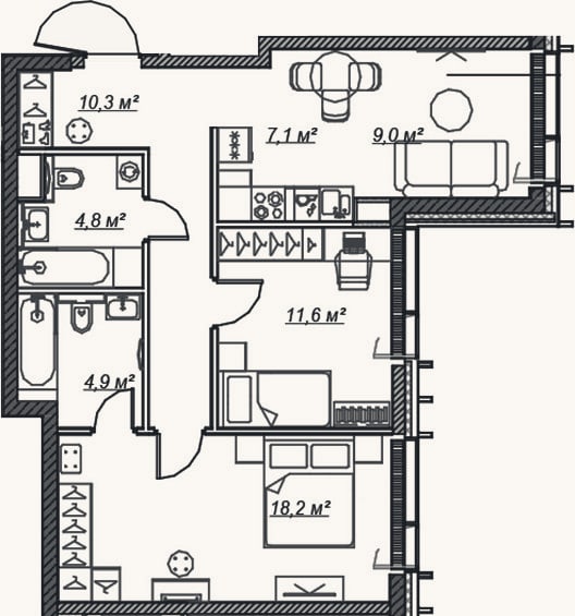 Планировка: 3-к, 65,9 м²