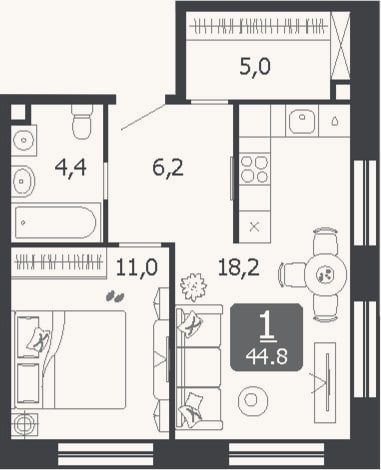 Планировка: 2-к, 44,8 м²