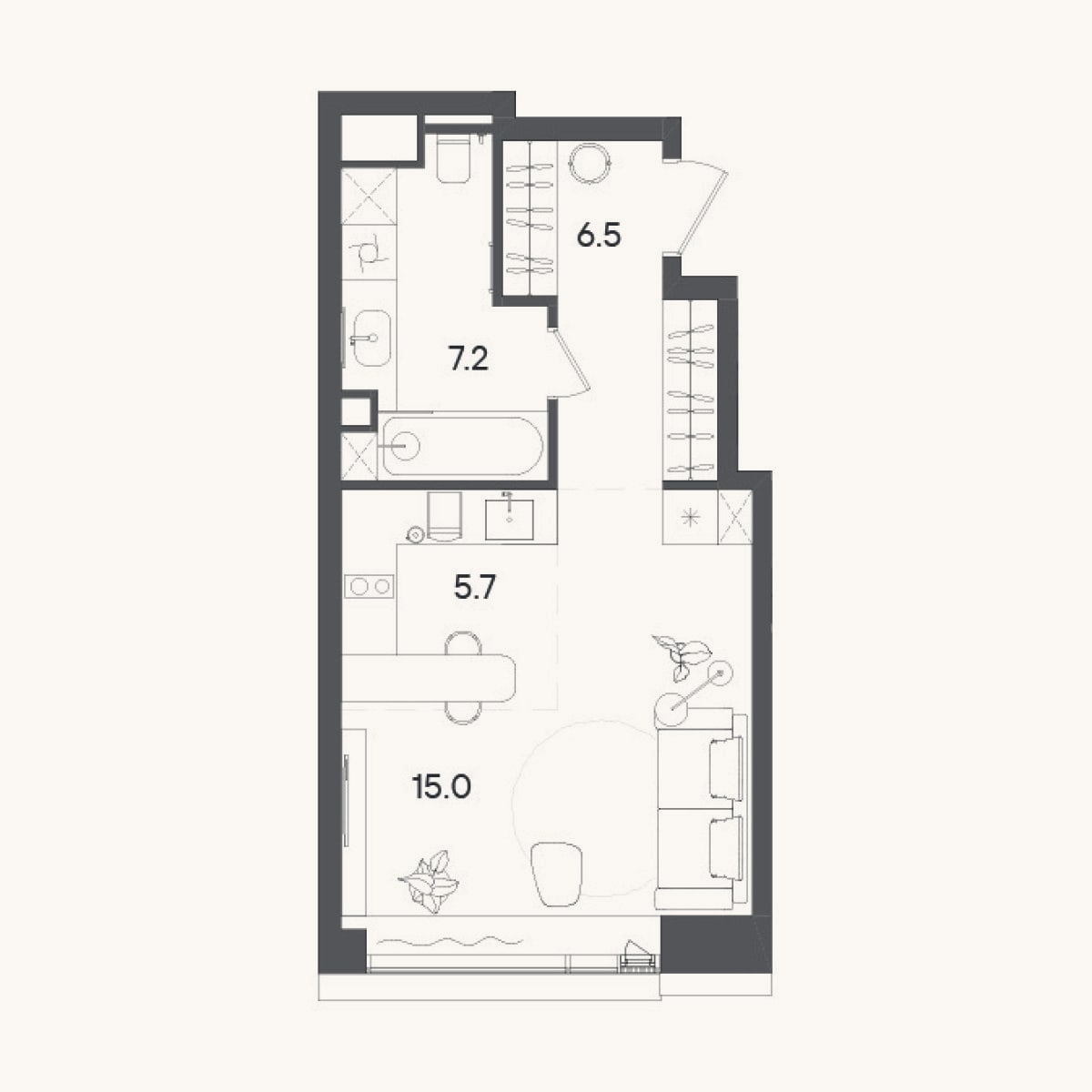 Планировка: Студия, 34,4 м²