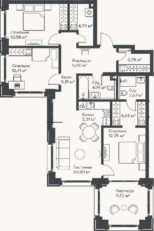 Планировка: 4+ к, 94 м²