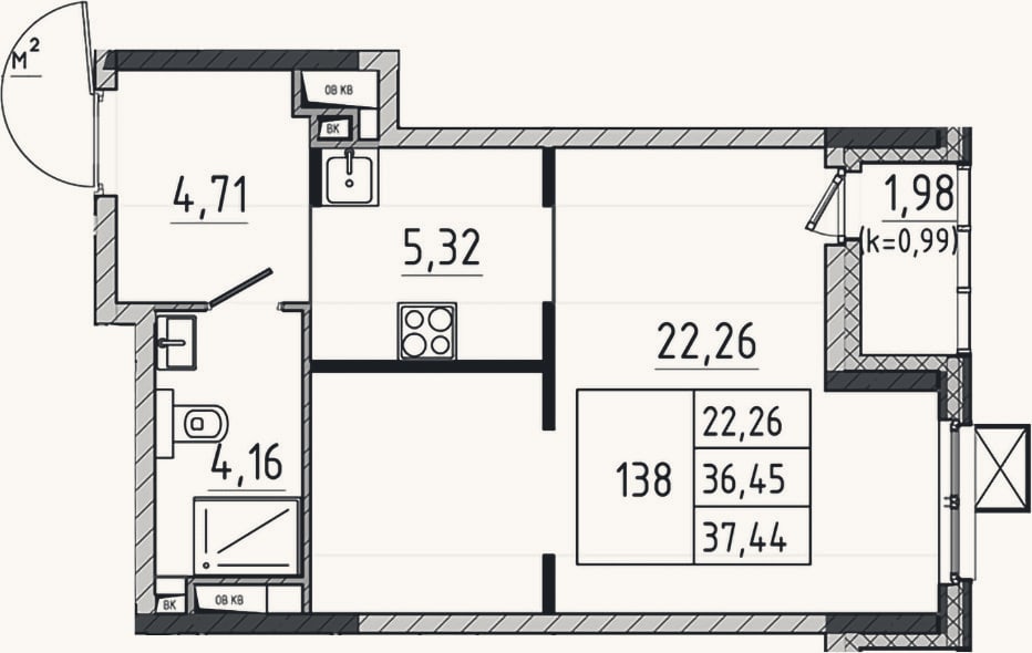 Планировка: Студия, 36,5 м²