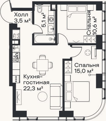 Планировка: 3-к, 56,5 м²