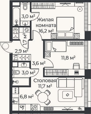 Планировка: 3-к, 60,7 м²