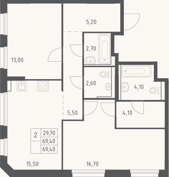 Планировка: 3-к, 69,4 м²