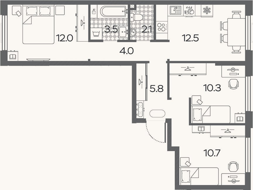 Планировка: 3-к, 60,9 м²