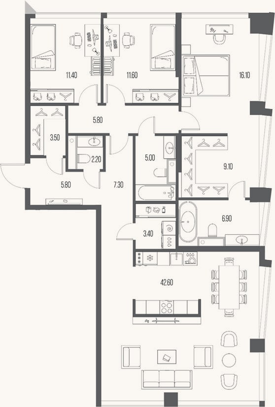 Планировка: 3-к, 130,7 м²