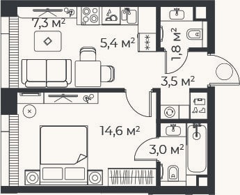 Планировка: 2-к, 35,7 м²