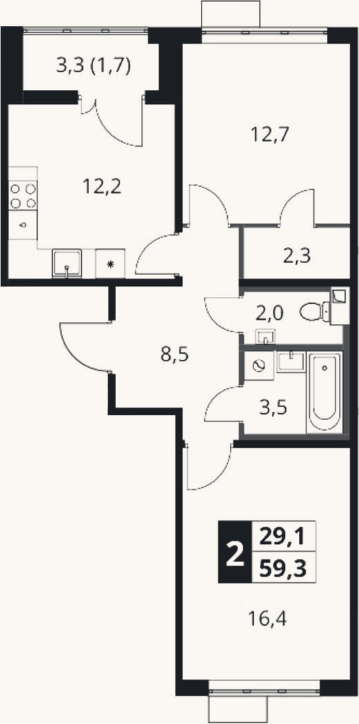 Планировка: 2-к, 57,6 м²