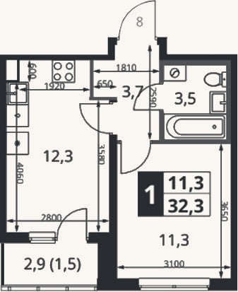 Планировка: 1-к, 31,4 м²
