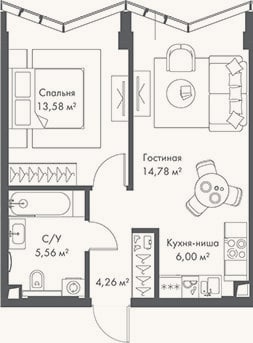 Планировка: 2-к, 44,2 м²