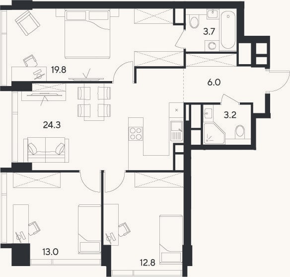 Планировка: 4+ к, 82,8 м²