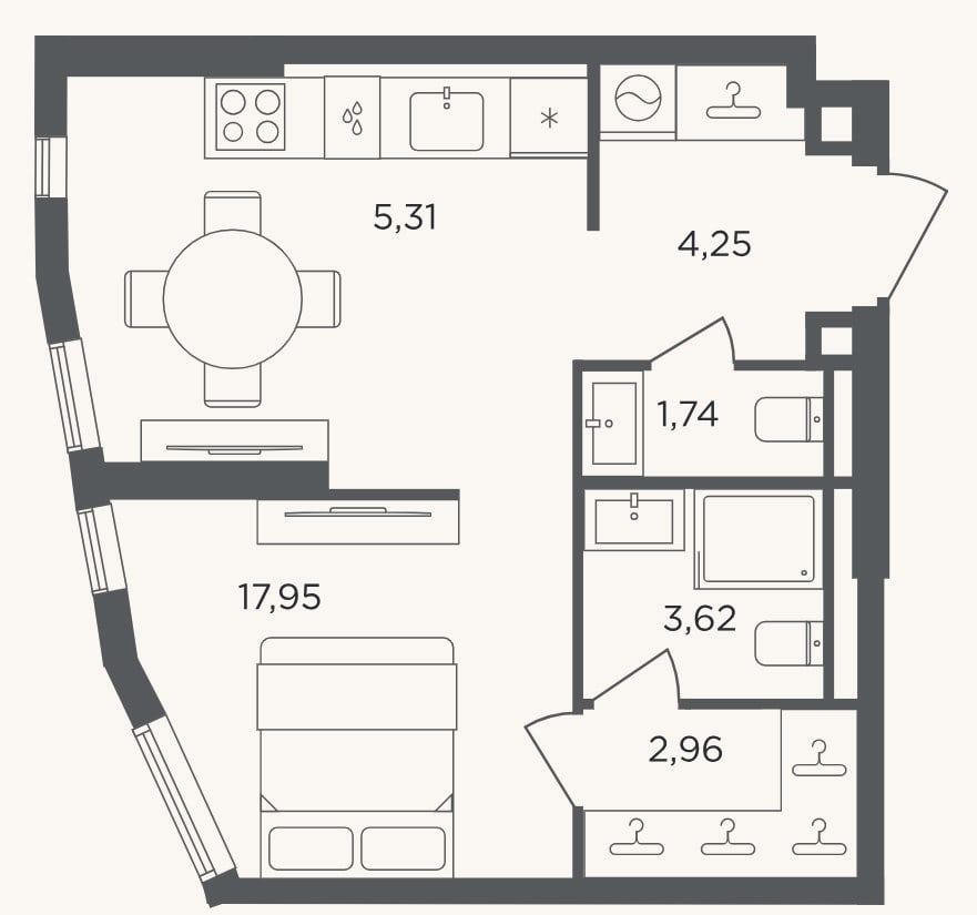 Планировка: 1-к, 35,8 м²
