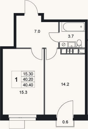 Планировка: 1-к, 40,2 м²
