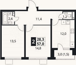 Планировка: 2-к, 55,5 м²